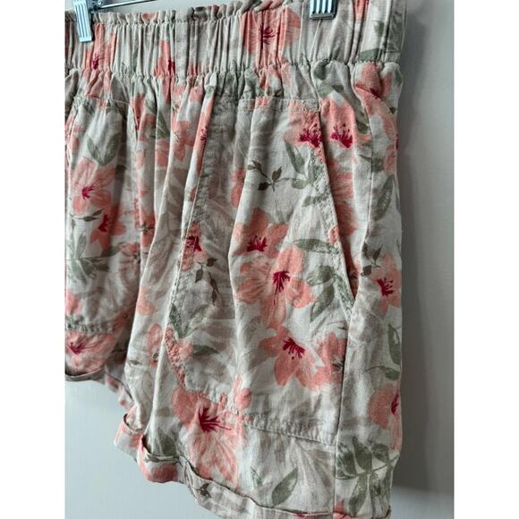 Briggs Cream Pink Floral Boho Chic Linen Paperbag Shorts Sz SM Cottage Coastal - Picture 3 of 7